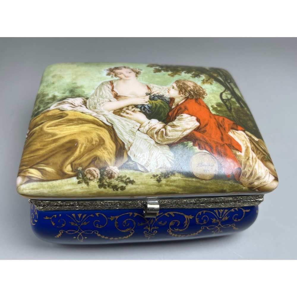 Lego Japan Vtg Porcelain Musical Jewelry Box Fragonard Style Cobalt Blue Gold